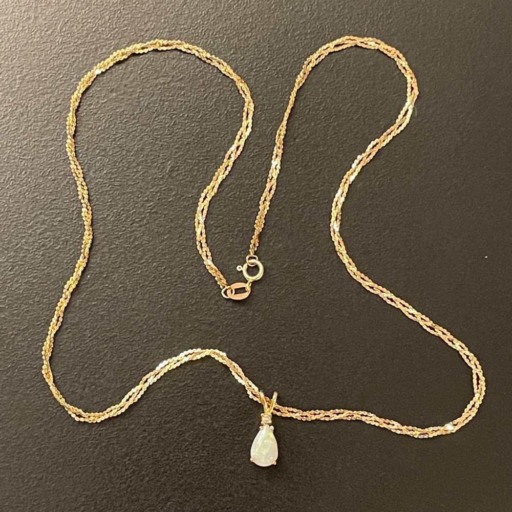 Teardrop Opal Diamond Pendant Necklace - 14k Gold - Vintage